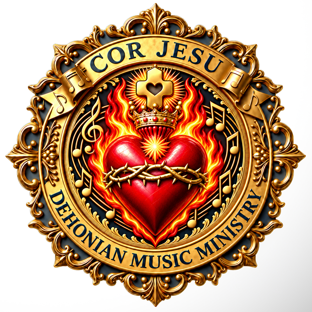 Dehonian Music Ministry gold crest featuring the Sacred Heart, a cross, musical notes, and the words Cor Jesu
